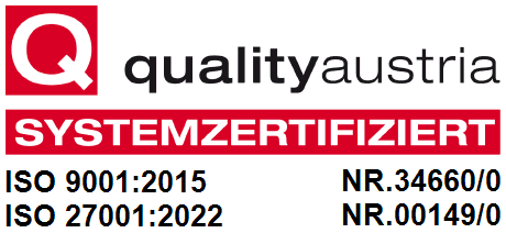 qualityaustria Systemzertifiziert ISO 9001:2015 und ISO 27001:2022