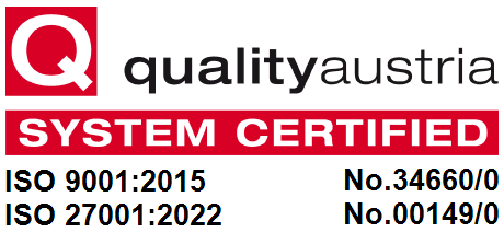 qualityaustria System Certified ISO 9001:2015 and ISO 27001:2022